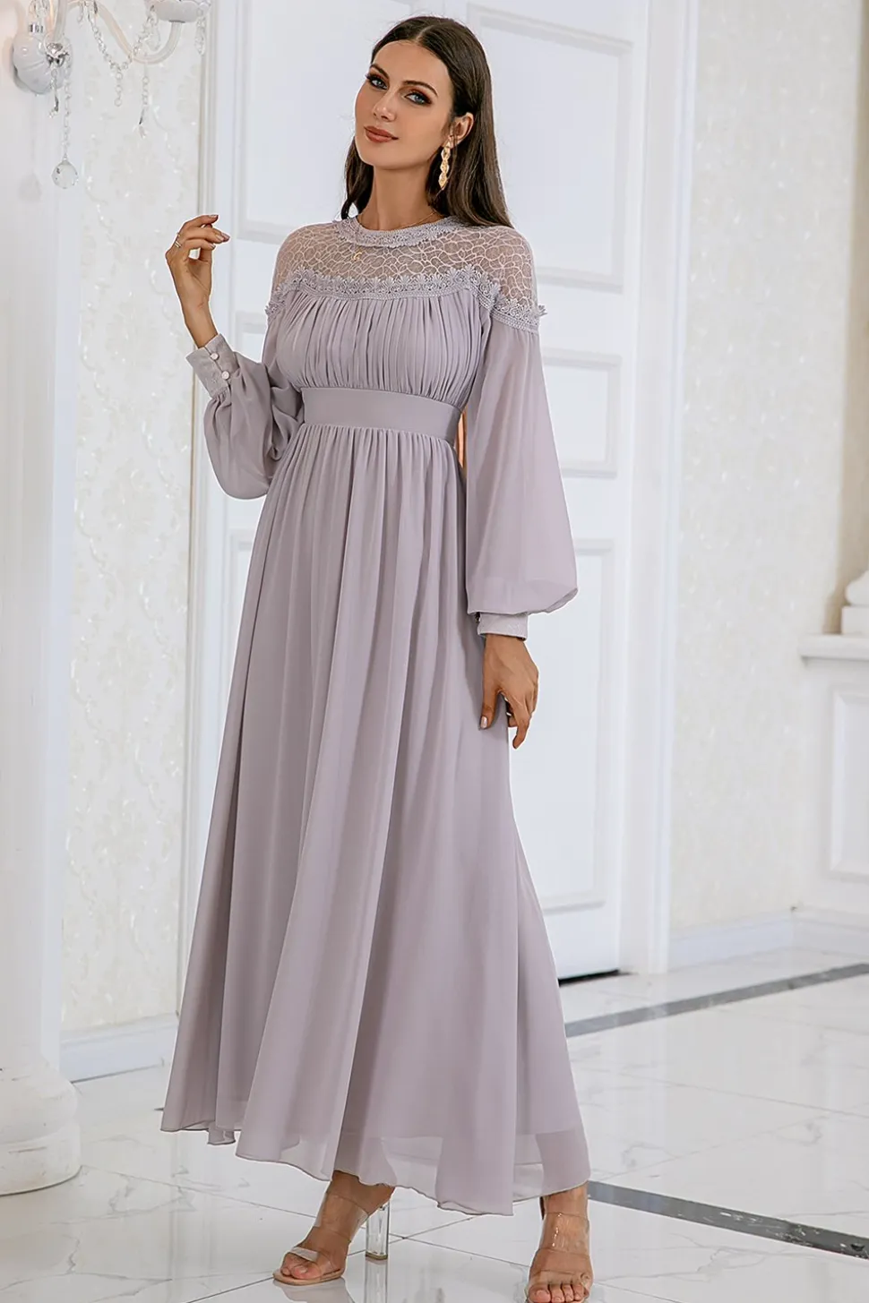 Vestido de festa de casamento de manga comprida cinzenta Chiffon