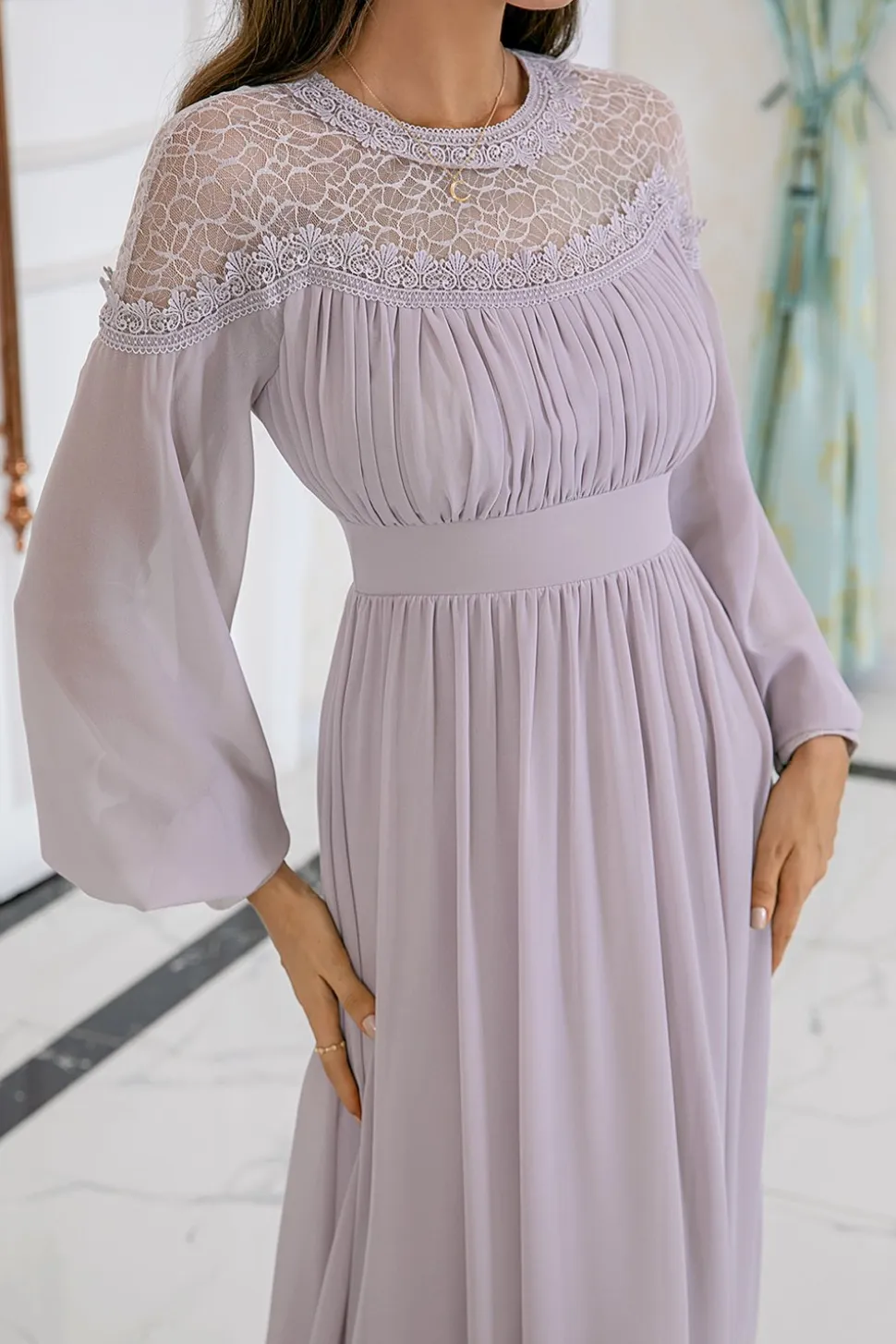 Vestido de festa de casamento de manga comprida cinzenta Chiffon