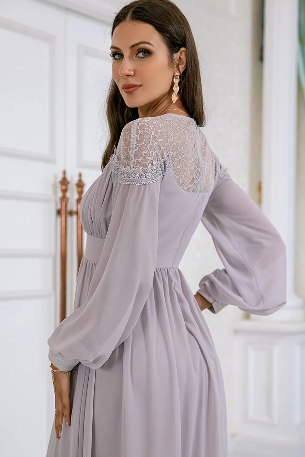 Vestido de festa de casamento de manga comprida cinzenta Chiffon