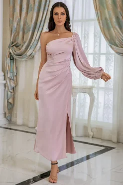 Vestido de festa de casamento de um ombro rosa
