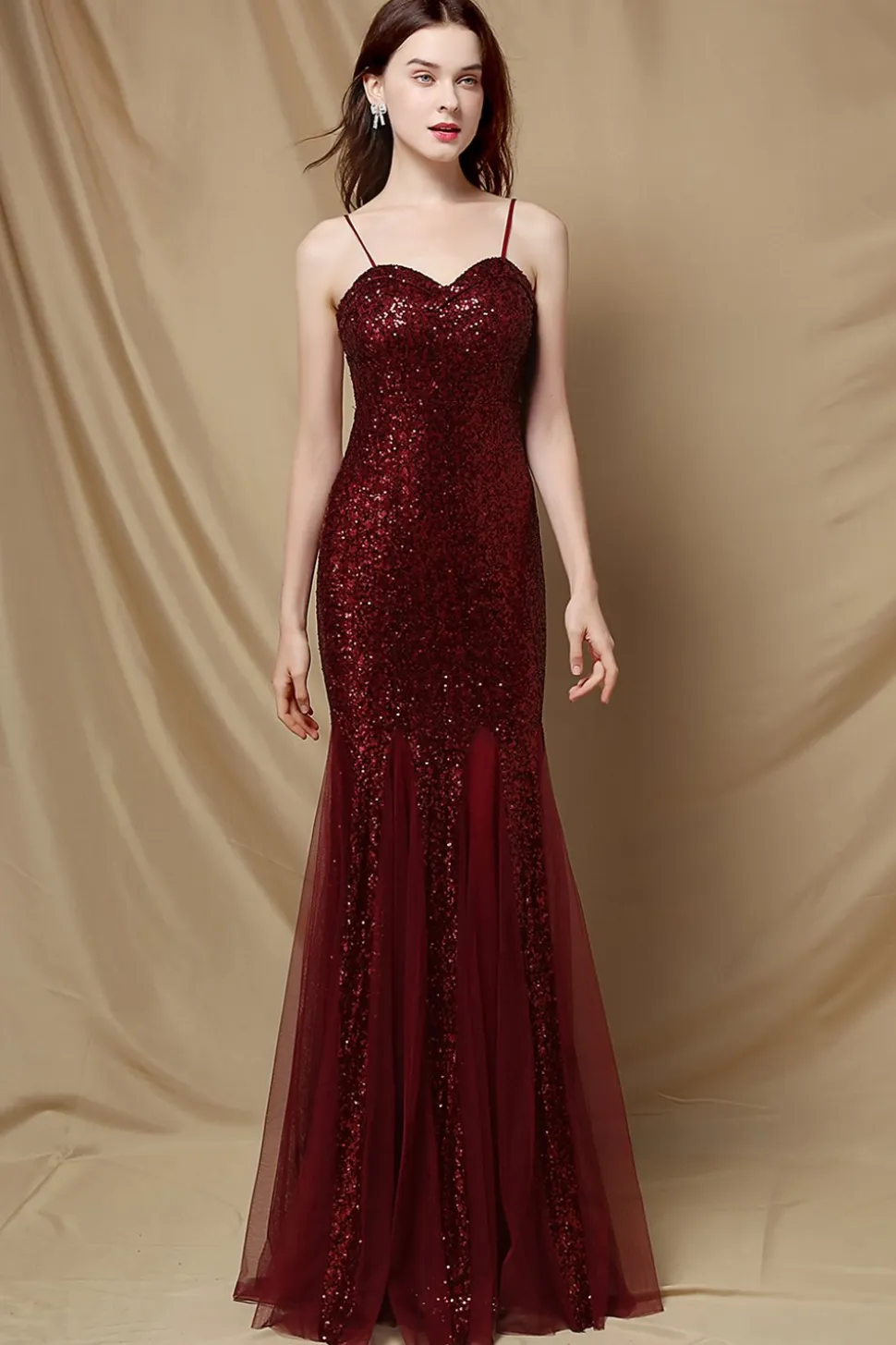 Vestido de festa de lantejoulas de sereia borgonha