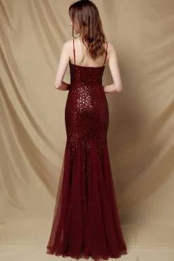 Vestido de festa de lantejoulas de sereia borgonha