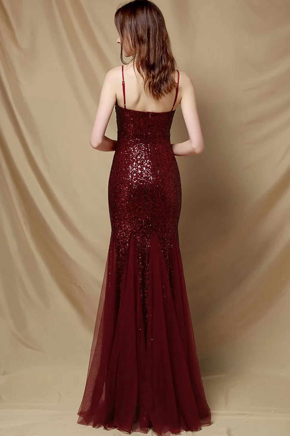 Vestido de festa de lantejoulas de sereia borgonha