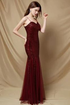 Vestido de festa de lantejoulas de sereia borgonha