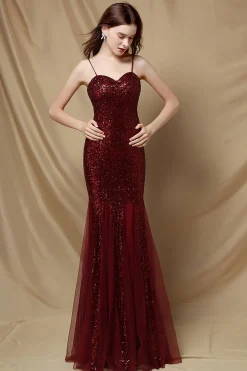 Vestido de festa de lantejoulas de sereia borgonha