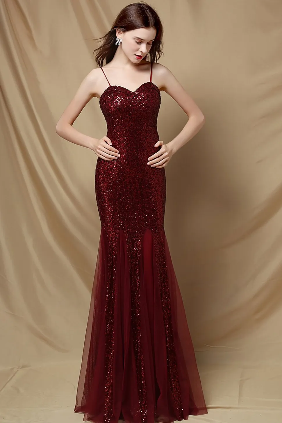 Vestido de festa de lantejoulas de sereia borgonha