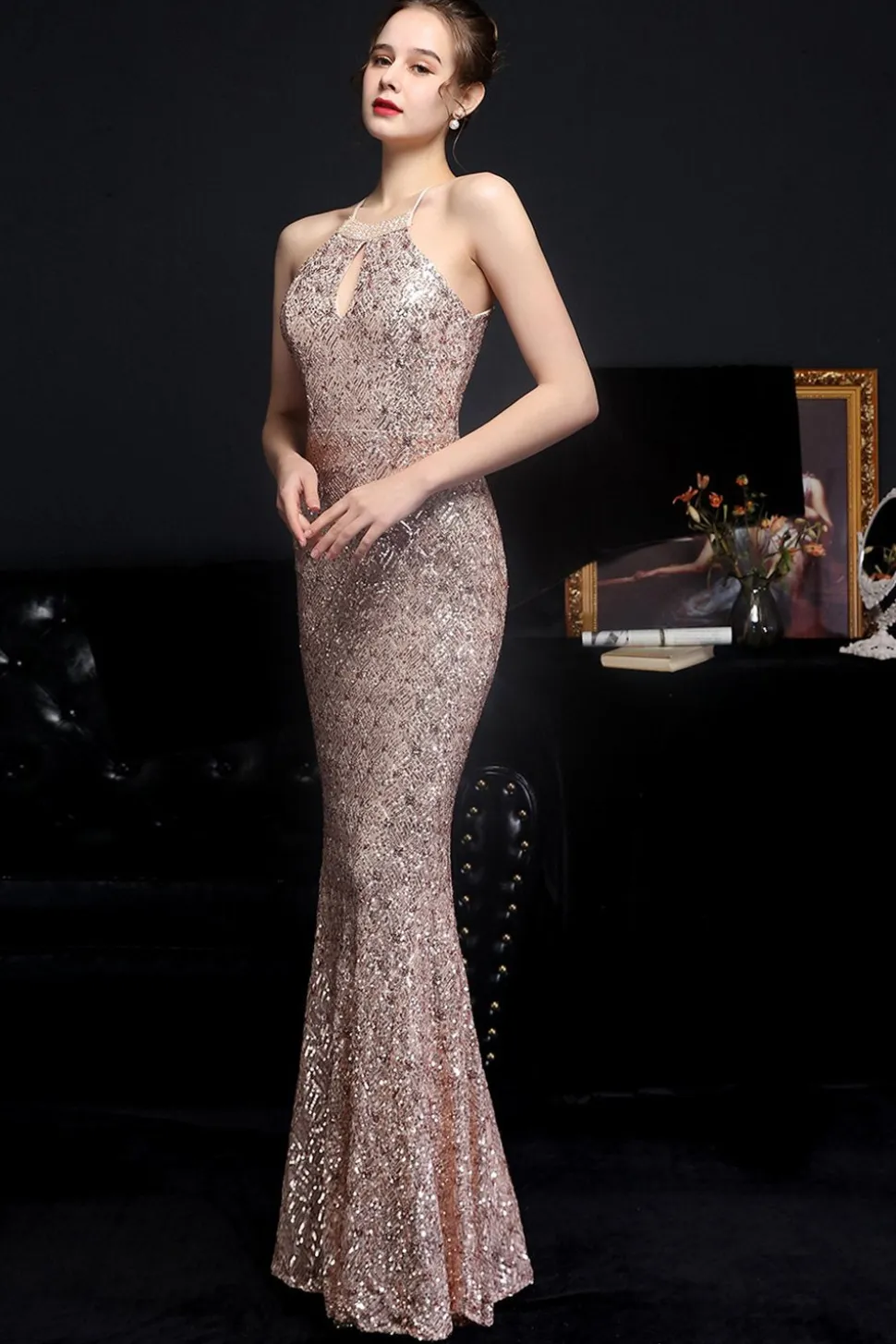 Vestido de festa de lantejoulas halter de prata
