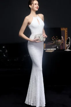 Vestido de festa de lantejoulas halter de prata