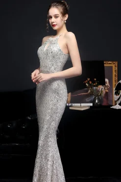 Vestido de festa de lantejoulas halter de prata