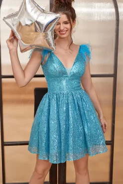 Vestido de Festa de lantejoulas azuis com penas