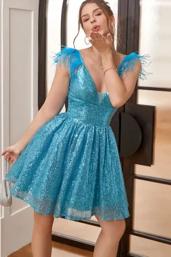 Vestido de Festa de lantejoulas azuis com penas