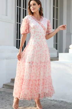 Vestido de festa de mangas de puff de pescoço v rosa v
