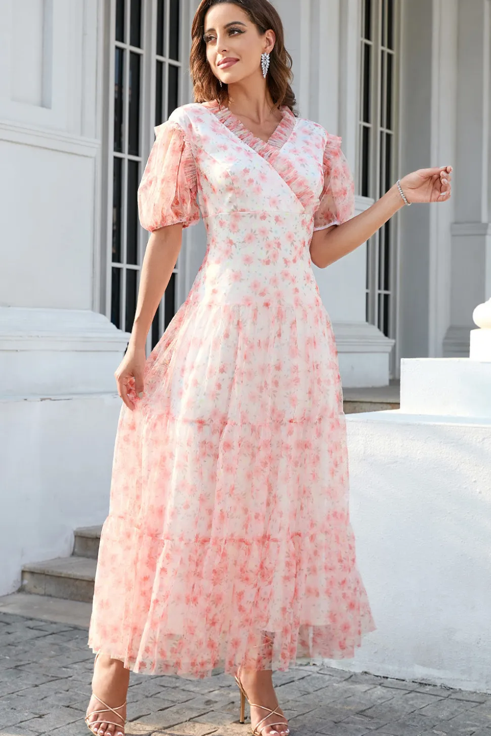 Vestido de festa de mangas de puff de pescoço v rosa v