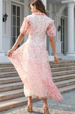 Vestido de festa de mangas de puff de pescoço v rosa v