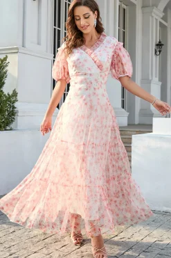 Vestido de festa de mangas de puff de pescoço v rosa v