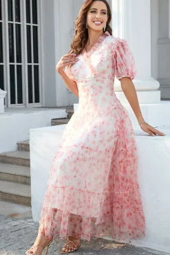 Vestido de festa de mangas de puff de pescoço v rosa v