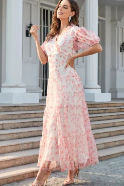 Vestido de festa de mangas de puff de pescoço v rosa v