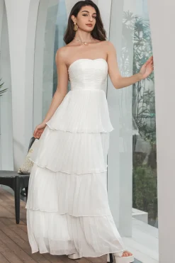 Vestido de festa de noivado plissado branco simples