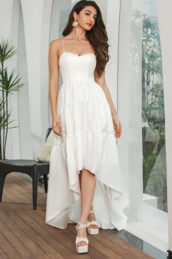 Vestido de festa de noivado assimétrico branco simples