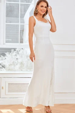 Vestido de festa de noiva de sereia branca com renda