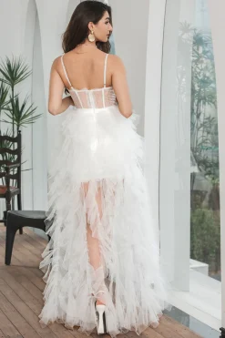 Vestido de festa de noivado branco alto baixo babado com renda
