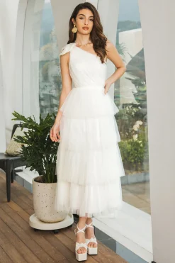Vestido de festa de noivado longo branco de um ombro