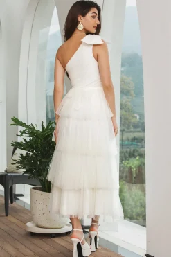 Vestido de festa de noivado longo branco de um ombro