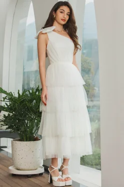 Vestido de festa de noivado longo branco de um ombro