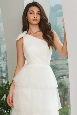 Vestido de festa de noivado longo branco de um ombro