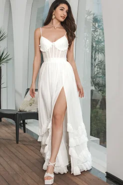 Vestido de festa de noivado simples branco babado Chiffon Corset com fenda