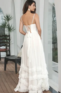 Vestido de festa de noivado simples branco babado Chiffon Corset com fenda