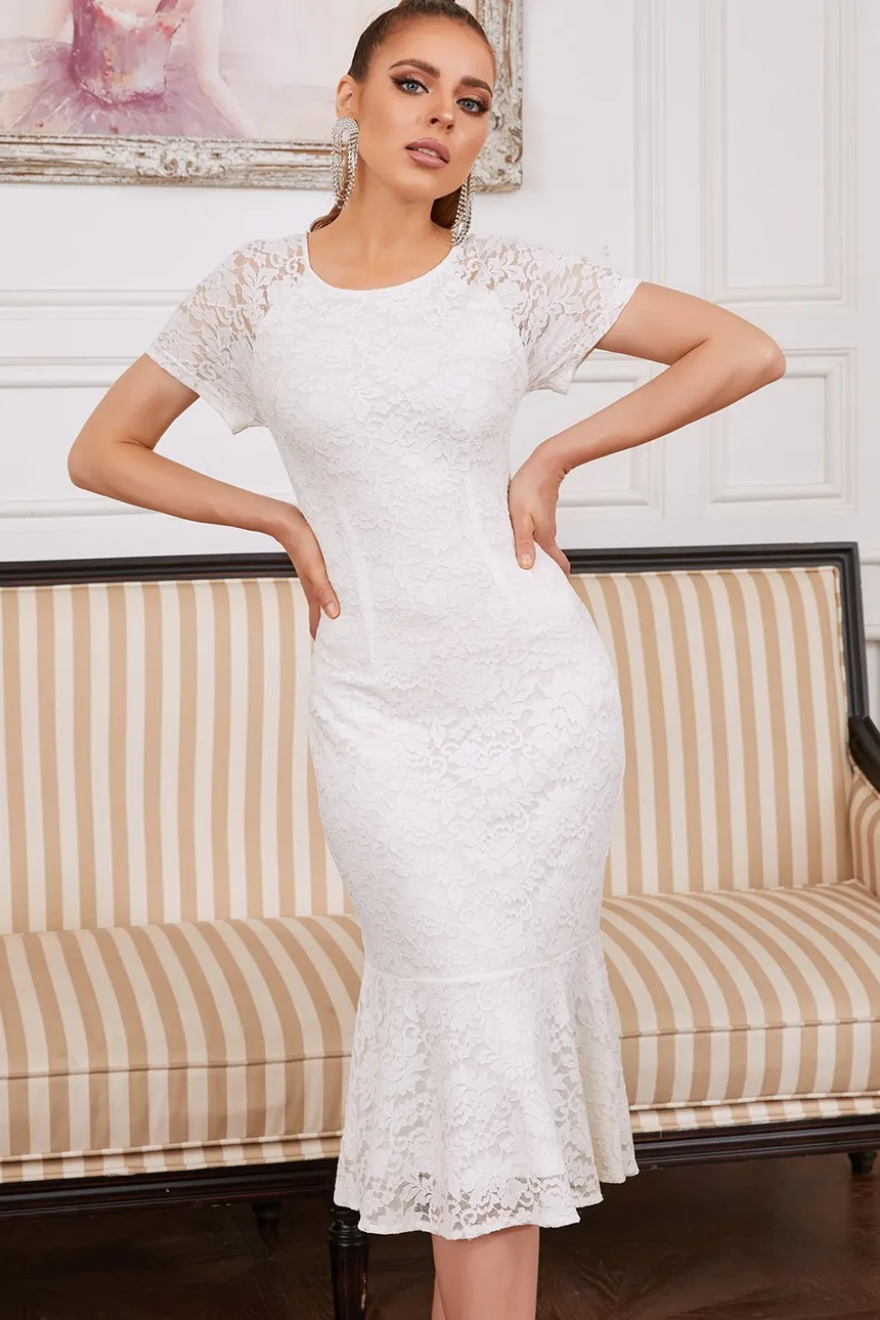 Vestido de festa de renda branca de joia de sheath