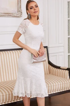 Vestido de festa de renda branca de joia de sheath