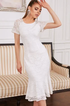 Vestido de festa de renda branca de joia de sheath