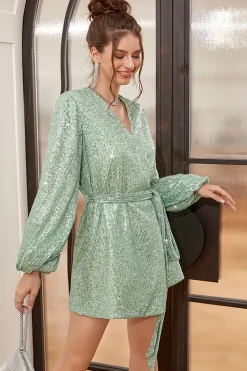 Vestido de Festa estilo de embrulho verde com mangas compridas