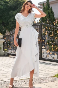 Vestido de festa formal chiffon branco com renda