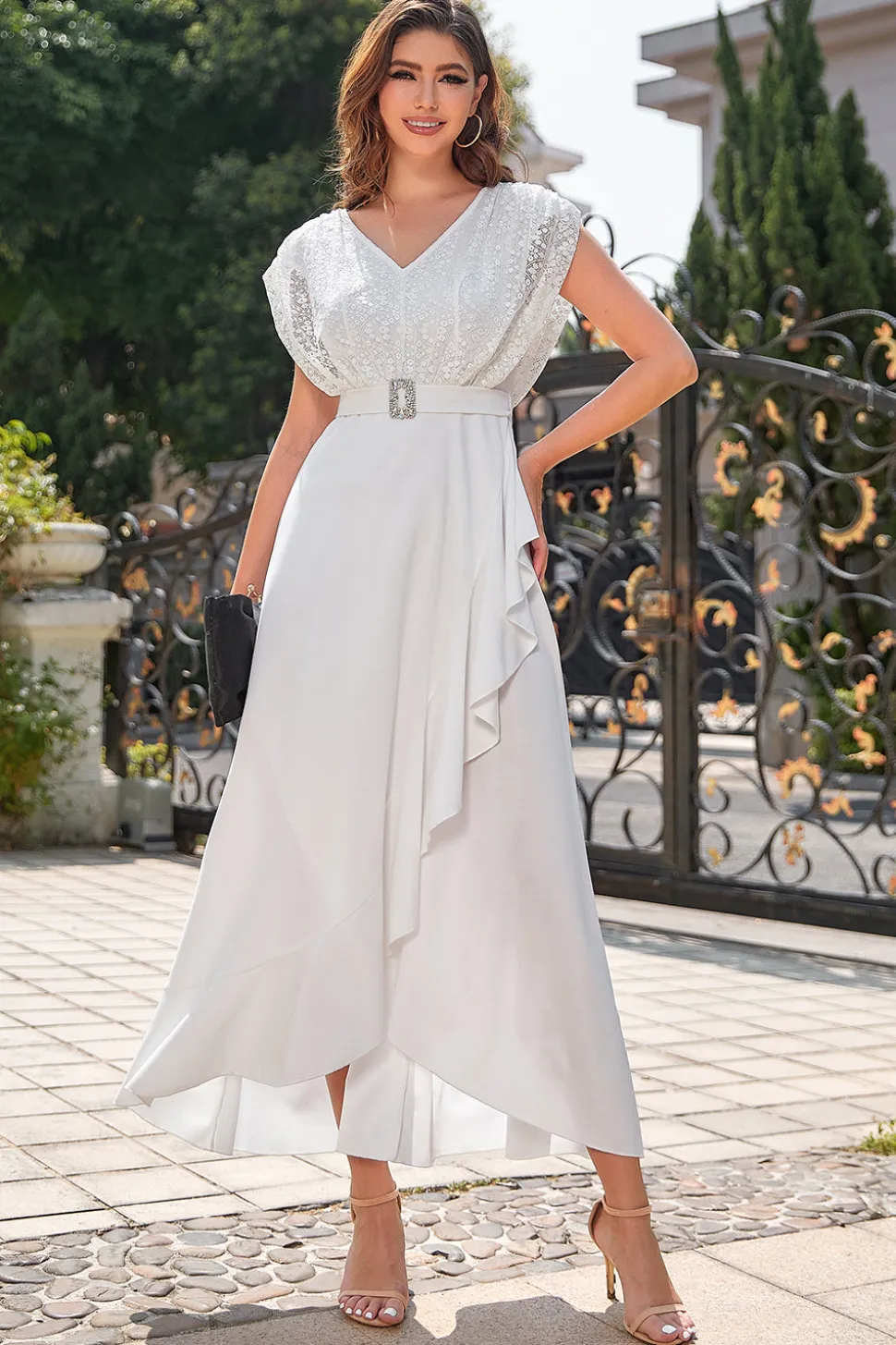 Vestido de festa formal chiffon branco com renda