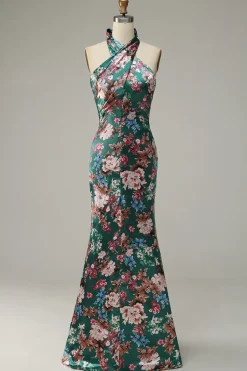 Vestido de Festa Halter Flores Sem Mangas