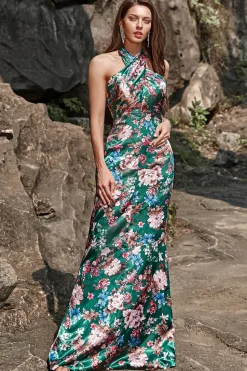 Vestido de Festa Halter Flores Sem Mangas