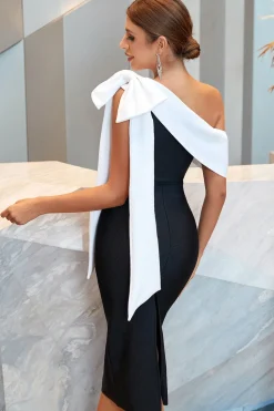 Vestido de festa preta de ombro de sheath one ombro com bowknot
