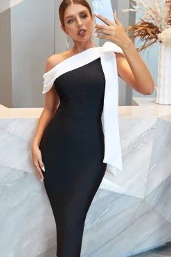 Vestido de festa preta de ombro de sheath one ombro com bowknot