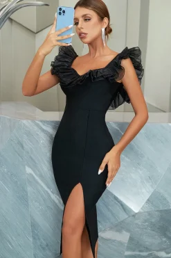 Vestido de festa preta de chá de sheath v pescoço comprimento