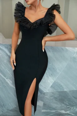Vestido de festa preta de chá de sheath v pescoço comprimento