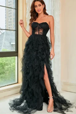 Vestido de Festa Preto Sem Alças A Line
