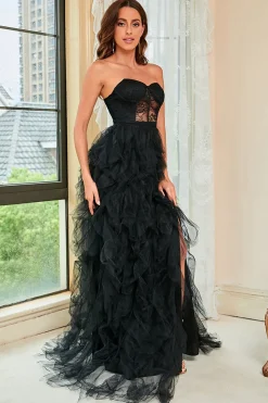 Vestido de Festa Preto Sem Alças A Line