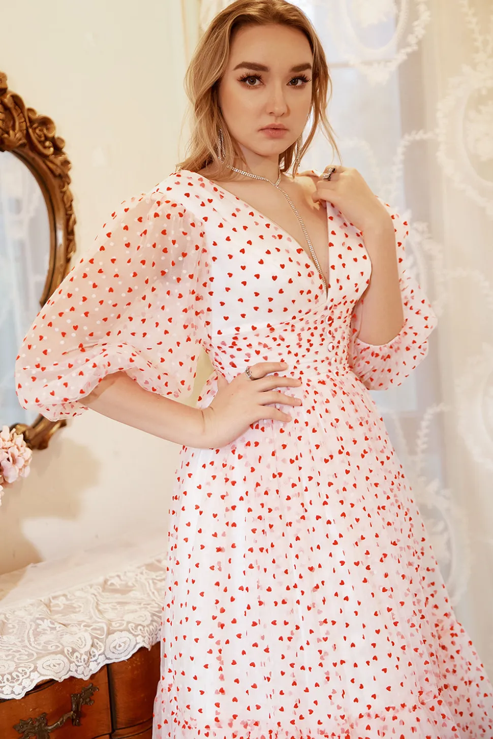 Vestido de Festa Rosa Gola em V