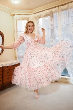 Vestido de Festa Rosa Gola em V
