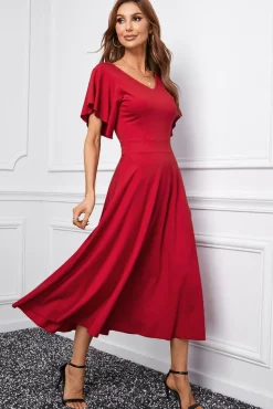 Vestido de festa simples vermelho com mangas de boné