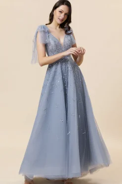 Vestido de Festa Tule Cinza Gola em V