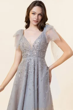 Vestido de Festa Tule Cinza Gola em V